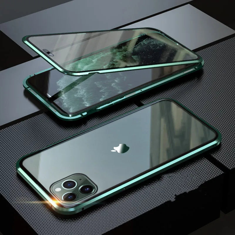 Anti-spy privacy phone case in black with a glass screen guard, shown next to an iPhone.