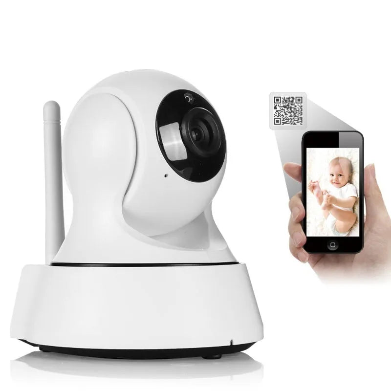 White wireless network camera with 720P HD, 3.6mm lens, 10m night vision, and 355° pan