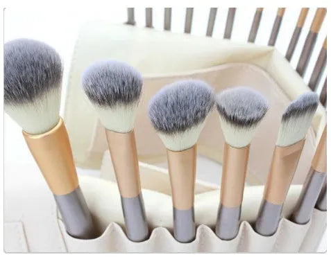 Set of rice white Persian hair make-up brushes with champagne-colour handles, available in 12, 18, or 24 pieces