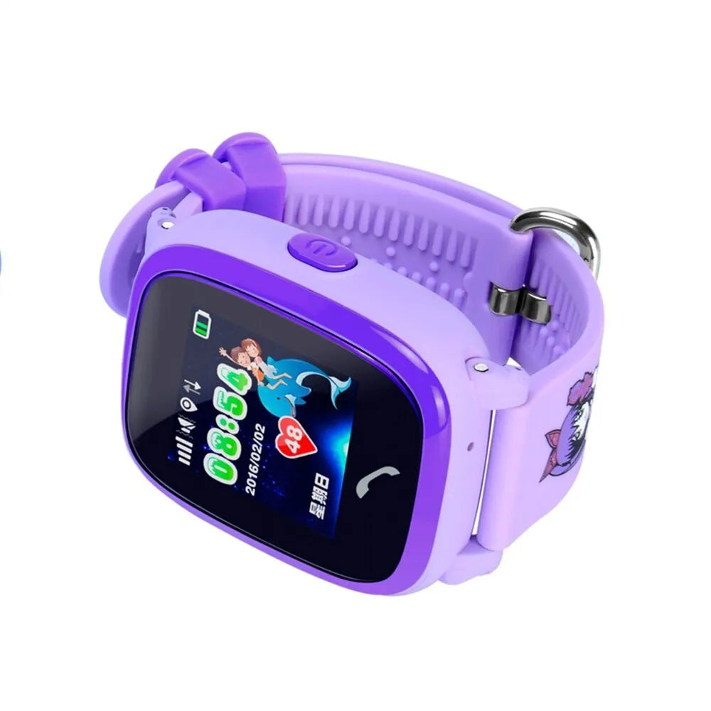 DF25 blue waterproof children's smart watch with touch screen and silicone wristband showing SOS and location tracking features
