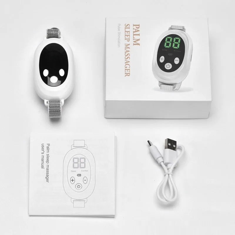 White sleep aid device with handheld remote control showing 20 intensity levels and USB charging port