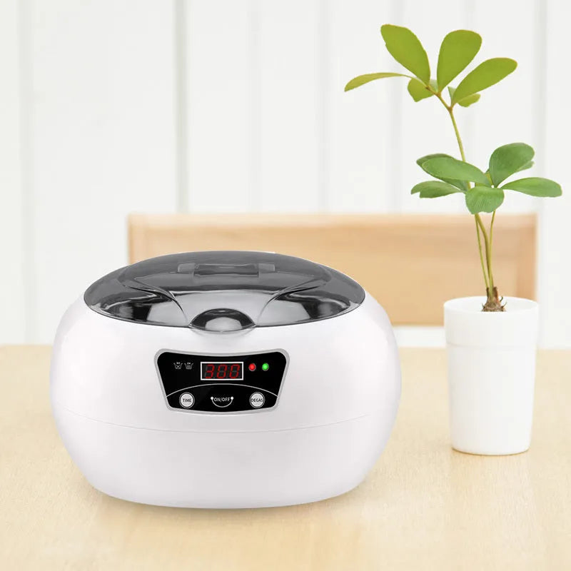 Ultrasonic cleaning machine for home in white blue, 40KHz digital control, compact 20.6 x 15.2 x 13.2 cm