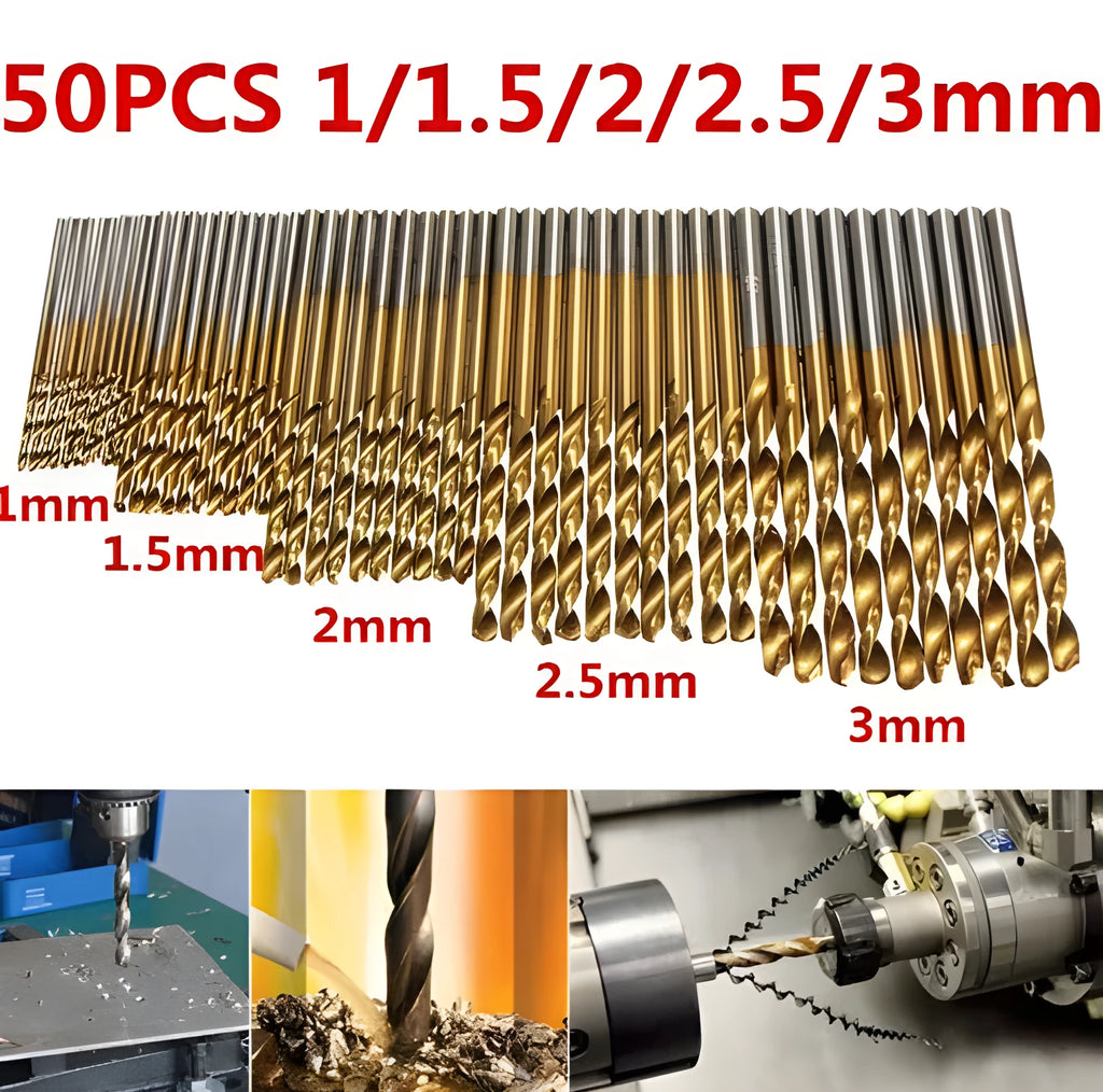 50 piece titanium coated high speed steel twist drill bit set with HSS construction