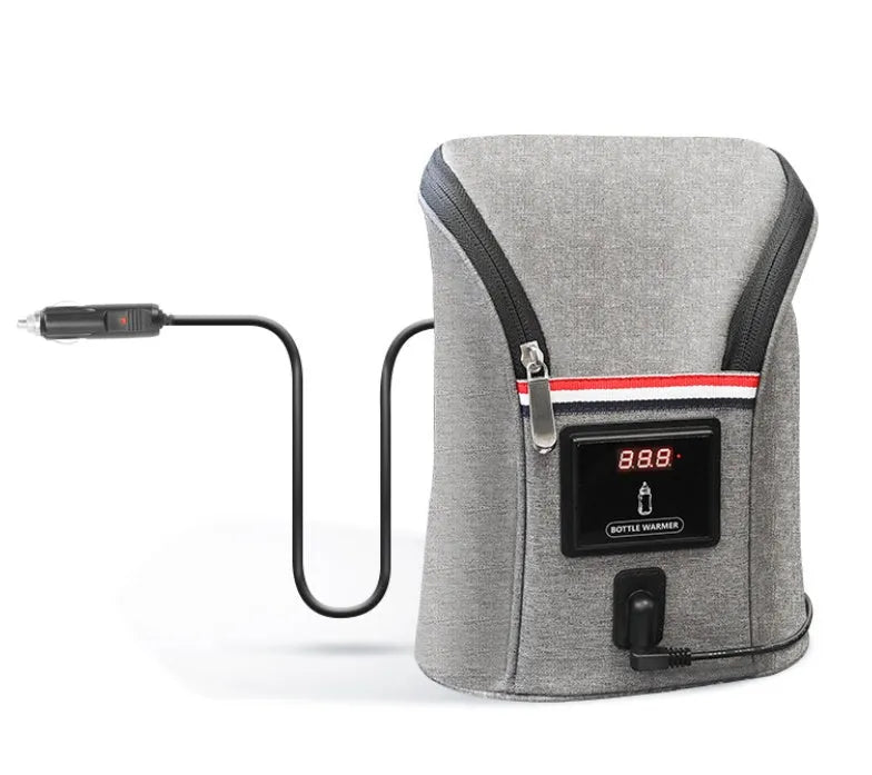 Grey Oxford cloth portable baby bottle warmer with carry handle and electronic display for car travel.