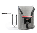 Grey Oxford cloth portable baby bottle warmer with carry handle and electronic display for car travel.