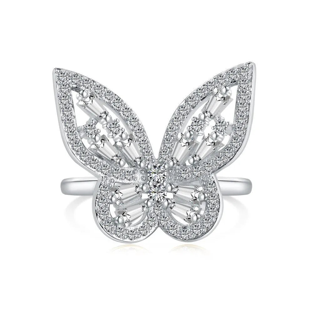 S925 sterling silver diamond inlaid zircon butterfly ring adjustable opening women's silver jewellery