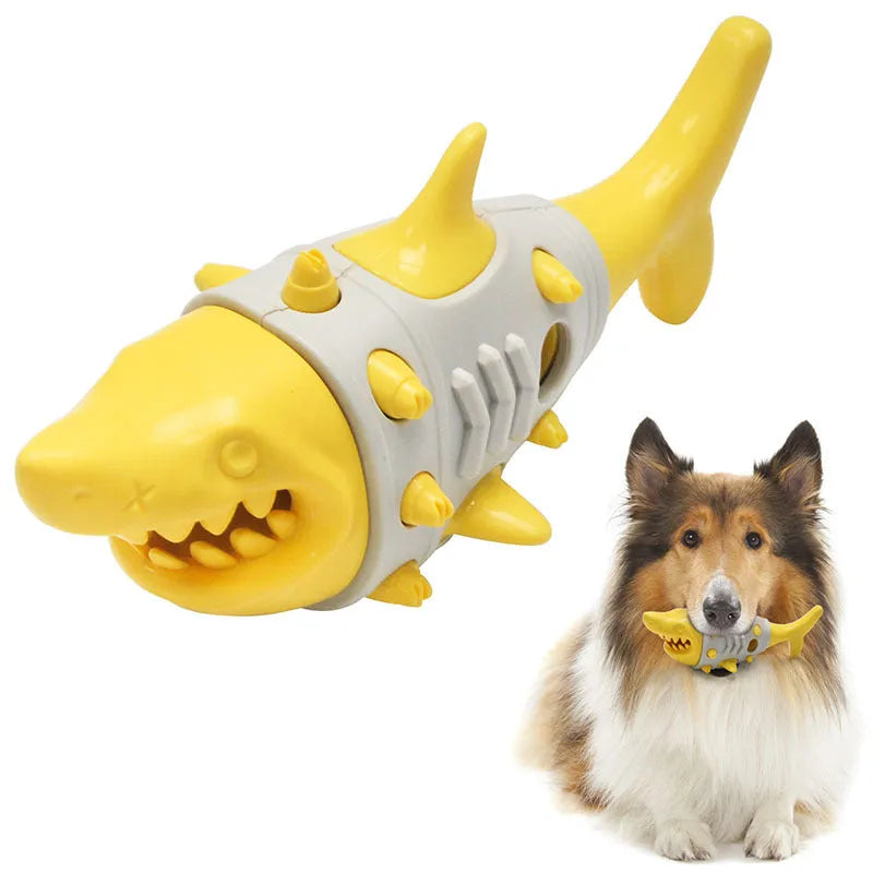 Blue leaky dog toy with shark-tooth texture for teething and dental cleaning