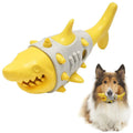 Blue leaky dog toy with shark-tooth texture for teething and dental cleaning