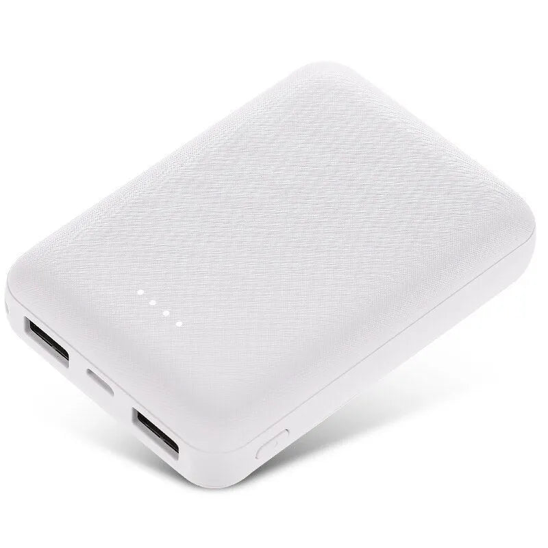 Black ultra-thin power bank showing dimensions 90x63x22mm with multiple USB ports