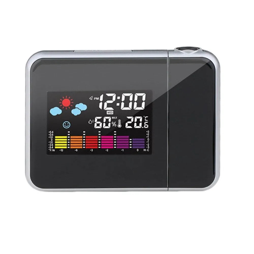 Black digital projection alarm clock with multicolour LED display showing time, temperature and humidity