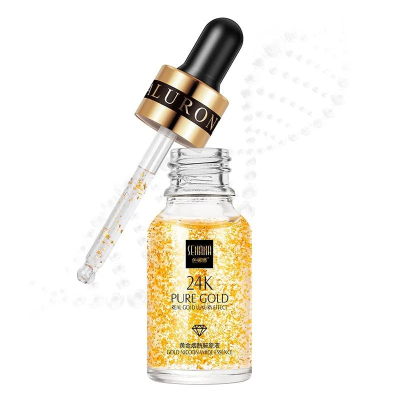 24K gold nicotinamide stock solution serum in bottle with dropper, lightweight gel formula for anti-aging and brightening