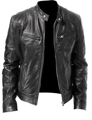PU leather jacket slim fit zipper front medium length in Black Brown Khaki