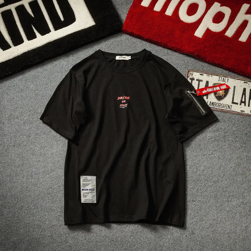 Zip-front loose-fit T-shirt with five-point sleeves in black, round neck, cotton fabric