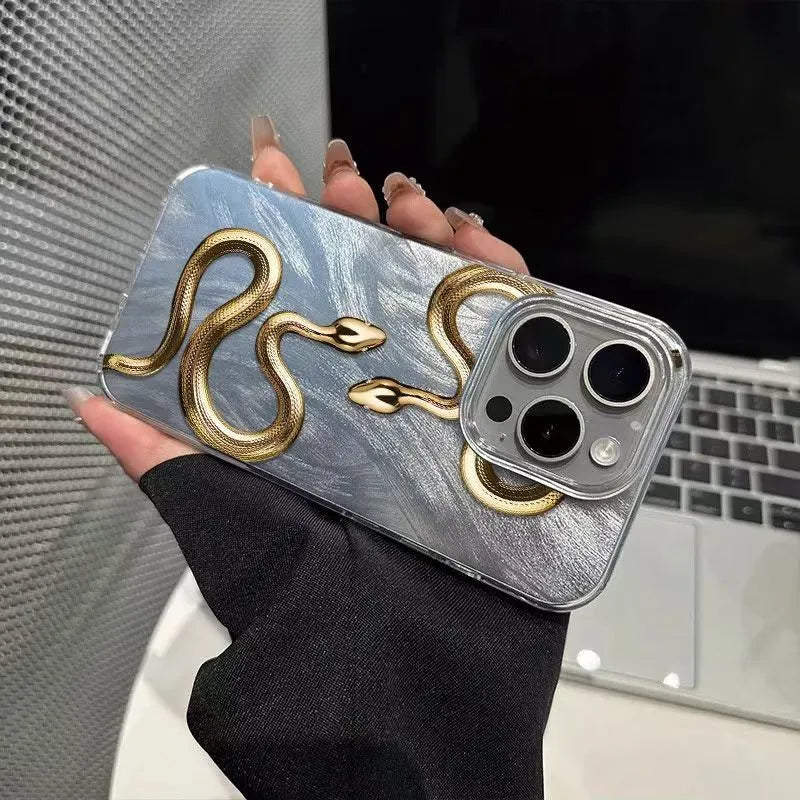 Gold snake hard PC phone case for iPhone 16 Plus with cartoon design and random back texture