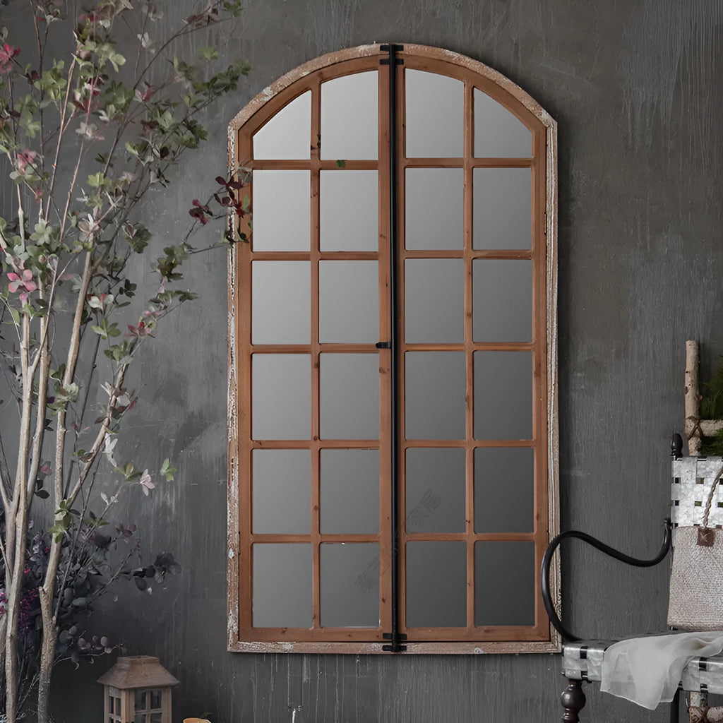 Distressed wooden glass fake window wall mirror in log colour