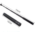 Black retractable selfie stick extended fully with phone attached, showing stabiliser grip.