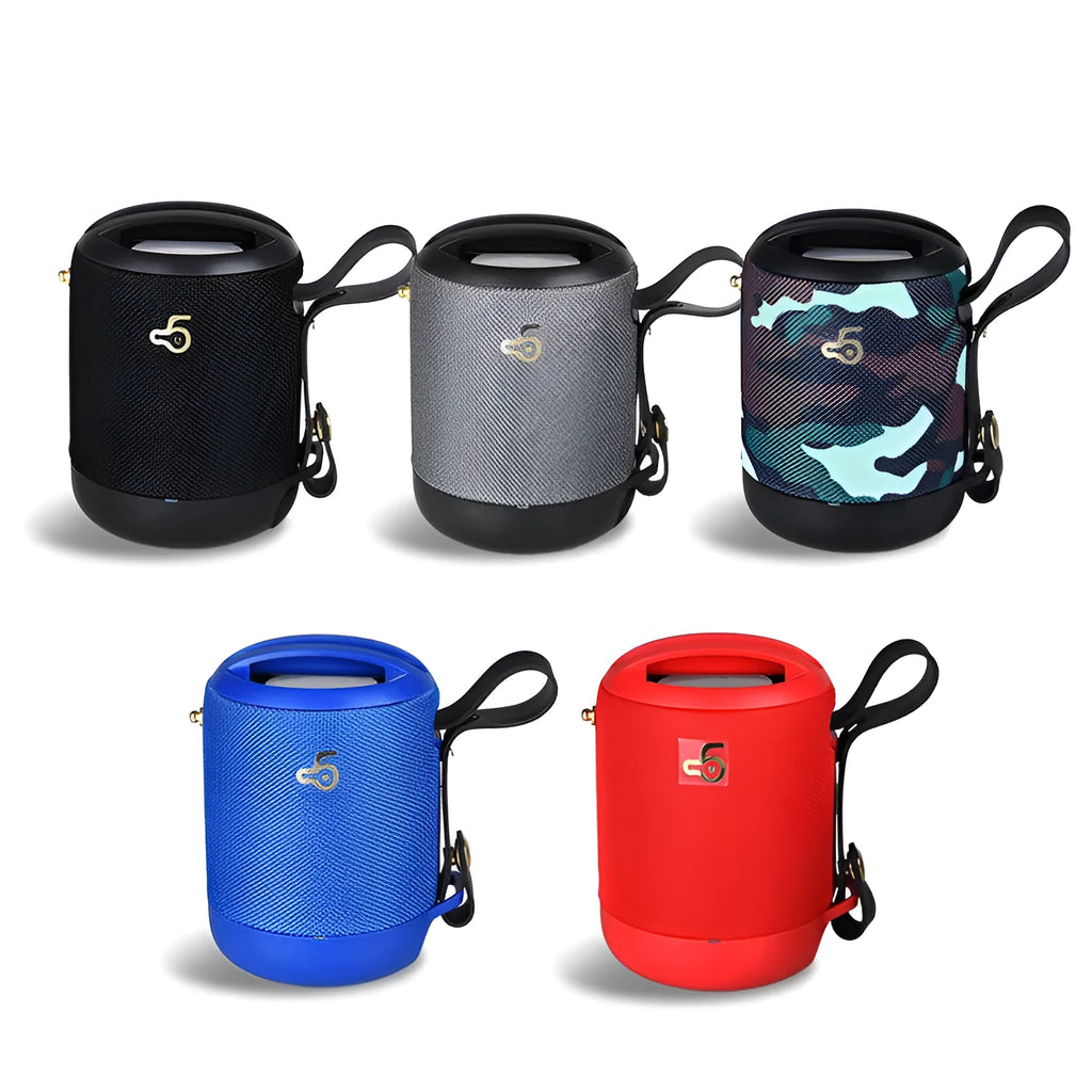 Waterproof portable bluetooth speaker in black with carry strap showing control buttons