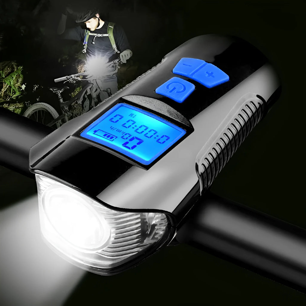 Strong LED bicycle front light with T6 wick, 350 lumens, USB rechargeable, ABS body, colour Black Blue