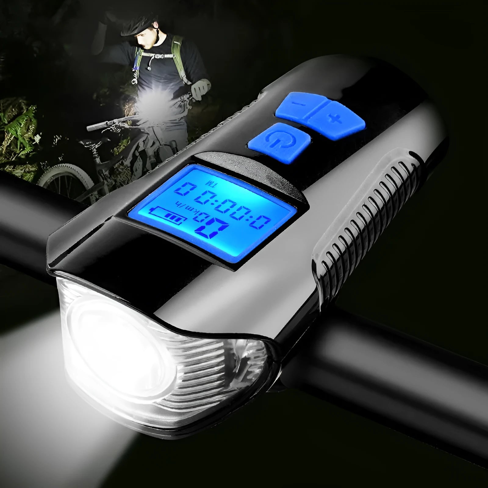 Strong LED bicycle front light with T6 wick, 350 lumens, USB rechargeable, ABS body, colour Black Blue