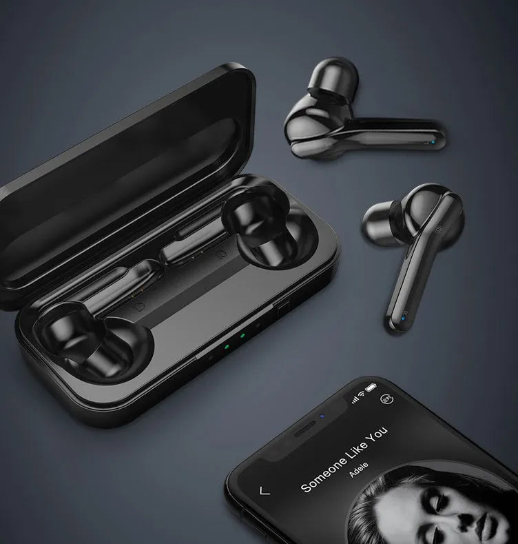Black and white TWS wireless Bluetooth headphones with earbud design