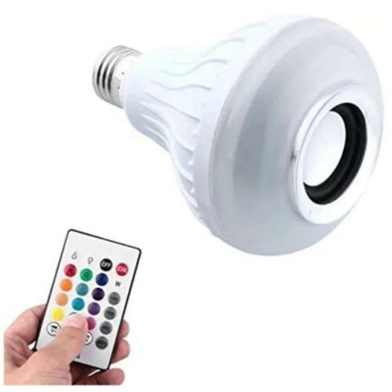 White Bluetooth speaker LED light bulb with E27 base showing multi-colour lighting options