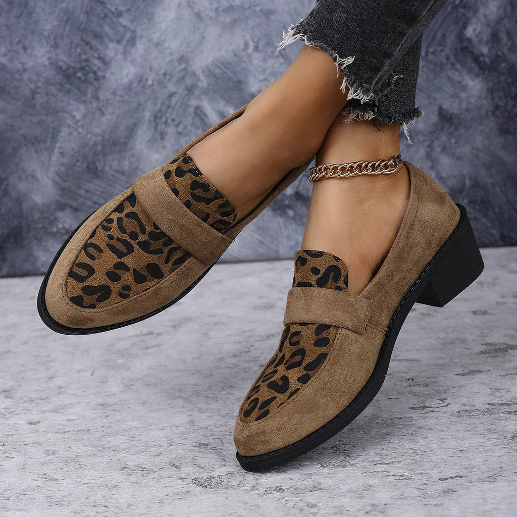 Leopard print slip-on suede pumps with chunky heel and pointed toe in three colour options