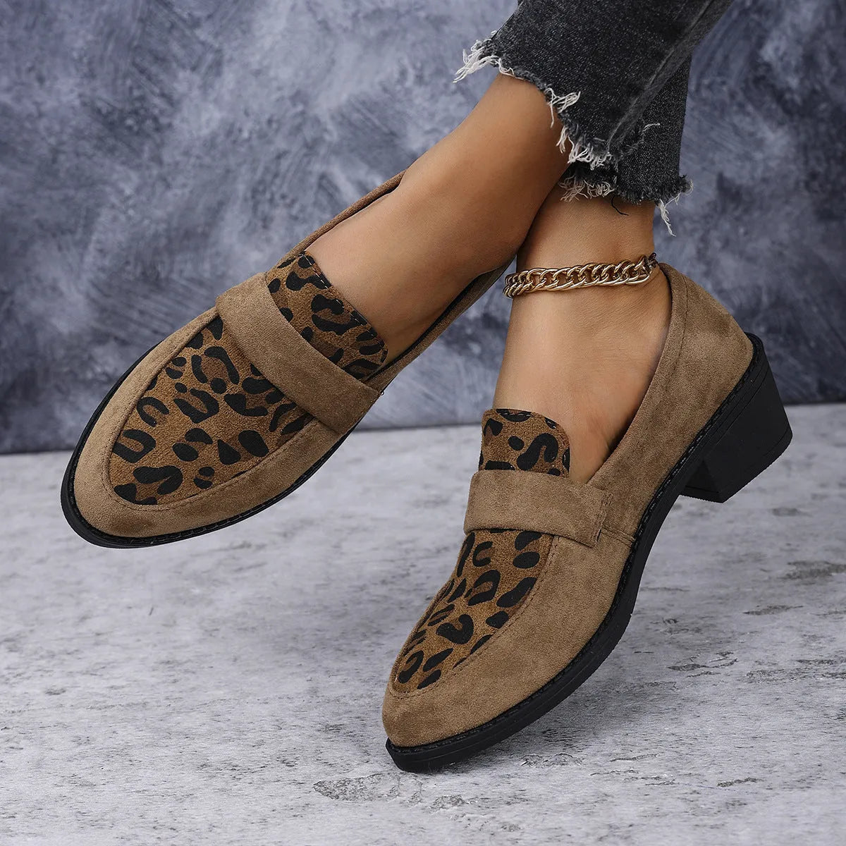 Leopard print slip-on suede pumps with chunky heel and pointed toe in three colour options