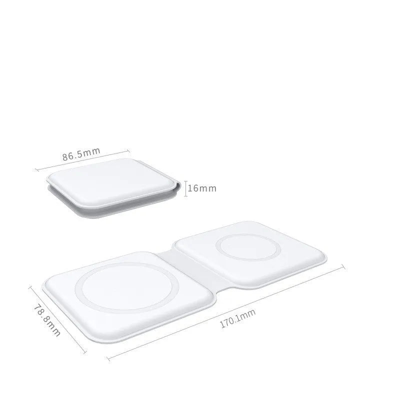 White foldable magnetic wireless charging dock showing dual charging pads and Type-C port