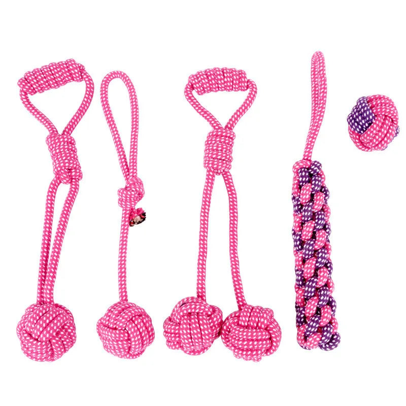 Teddy golden dog toy five-piece chew set with cotton rope pieces in small 32cm and large 47cm sizes, pink option