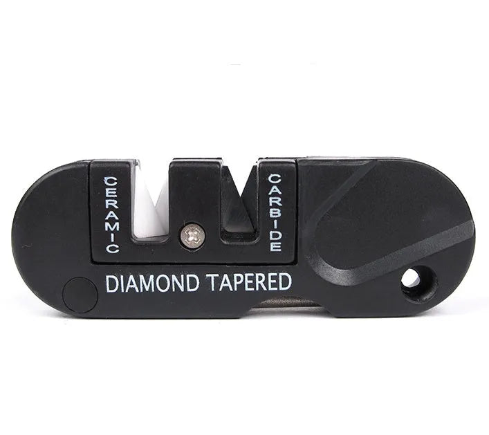 Pocket Pal knife sharpener in black with diamond rod, carbide blades, and ceramic stones open for use