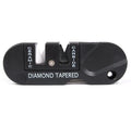 Pocket Pal knife sharpener in black with diamond rod, carbide blades, and ceramic stones open for use
