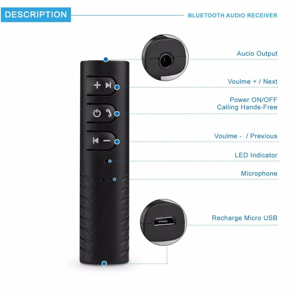 Black plastic Bluetooth audio receiver with 3.5mm plug and Mini USB port, 1.4 x 1.5 x 5.8cm