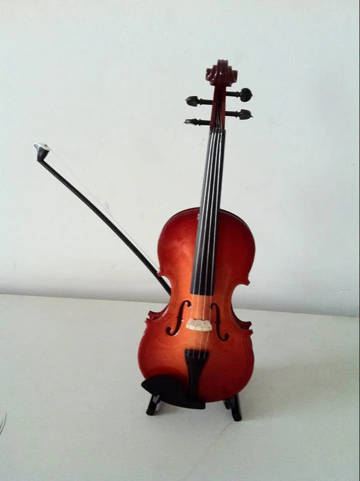 8cm handmade basswood mini violin ornament with bow, stand, and wooden box for photography and display