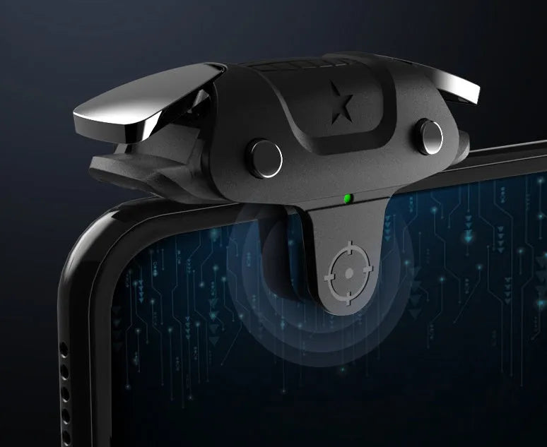 Black F5 Bluetooth mobile game controller with phone clamp next to smartphone
