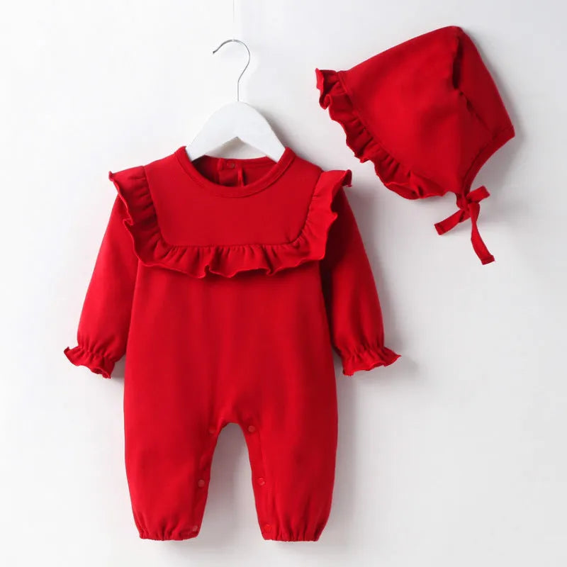 Mombei beige Isabella single layer cotton baby girl romper with long sleeves on white background