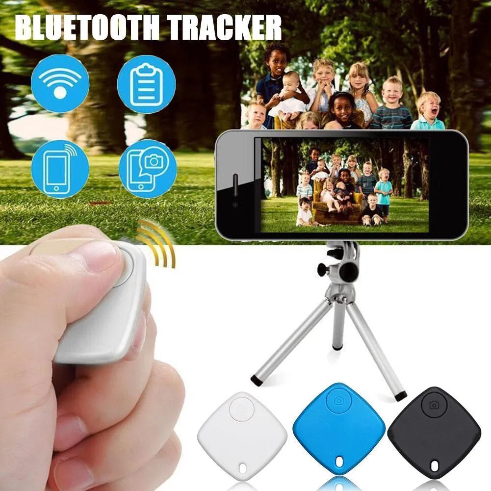 Small Bluetooth anti-lost tracker with key ring, 38mm diameter ABS plastic casing, available in black blue white