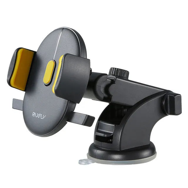 Yellow and black telescopic car phone holder with suction cup mounted on a car dashboard.