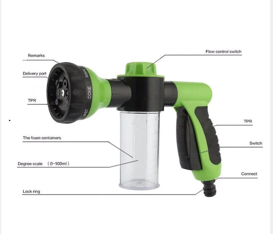 Green high-pressure foam spray gun with adjustable nozzle for car washing and household cleaning tasks