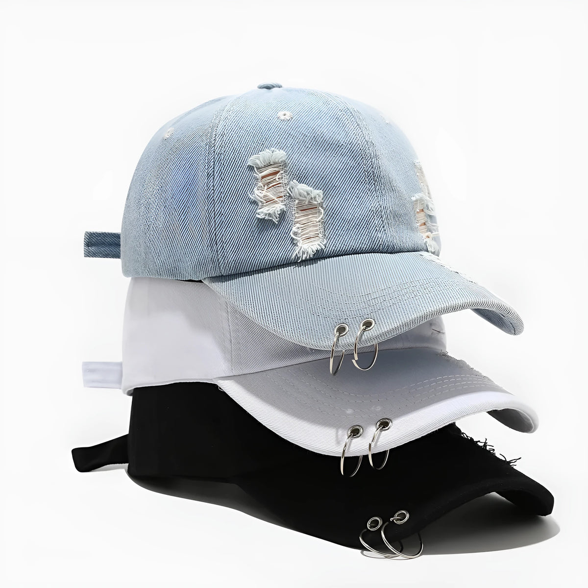 Men's adjustable denim peaked cap in black, white, and light blue jeans colours with dome crown