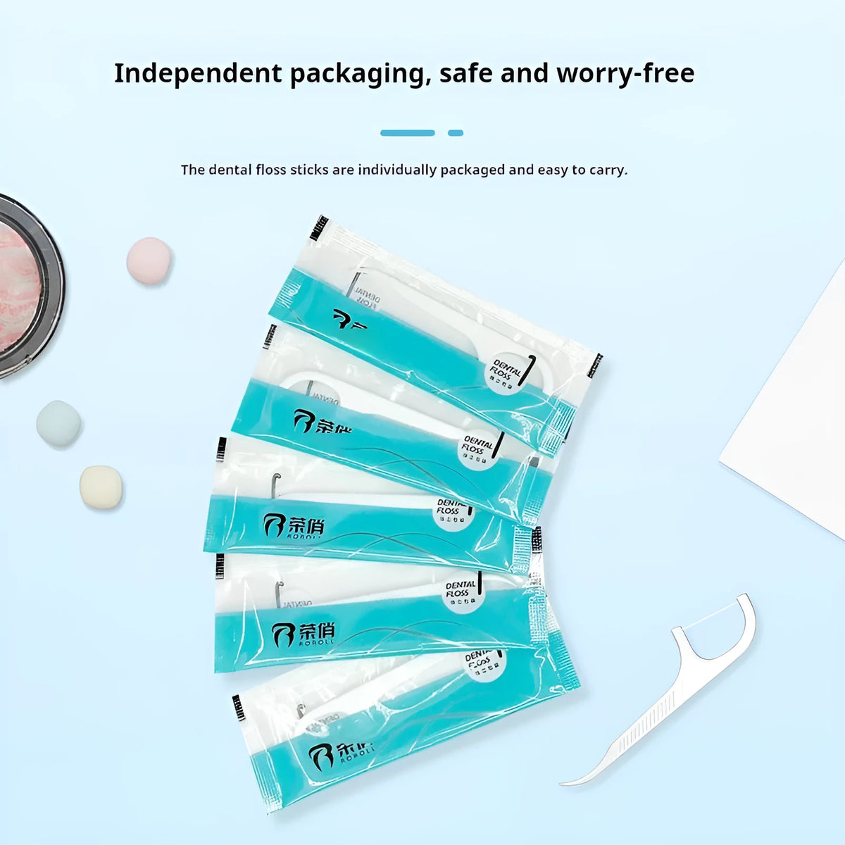 Individually packaged dental floss in compact 180x238 mm portable bag with plastic high tensile construction