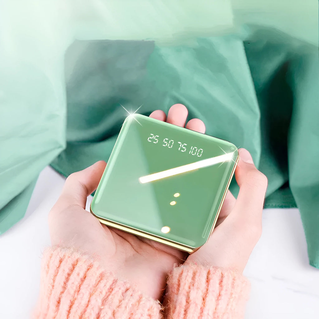 Compact mini 20000mAh power bank in blue, green, grey, or red with multi-U charging port