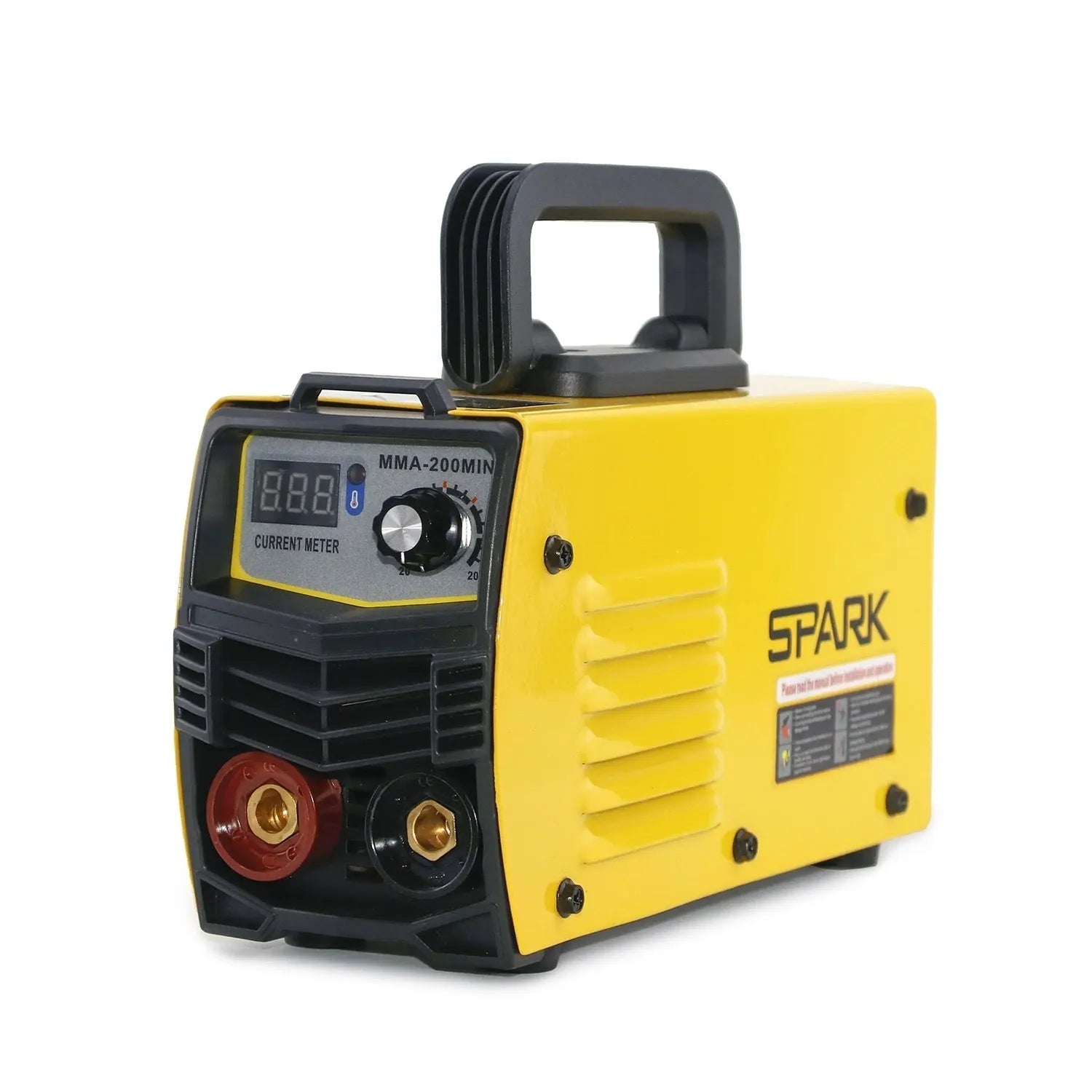 MMA-200MIN 220V DC inverter welding machine with welding tongs, ground clamp, face shield, and brush on hanger.