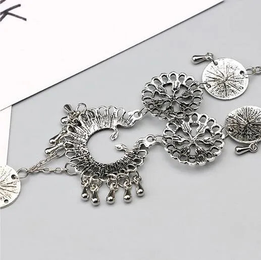 Antique silver hollow flower chain anklet for women, 24cm teardrop style barefoot sandals