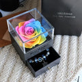 Blue Eternal Flower gift box with preserved roses and carnations, measuring 8.5x8.5x10.5 cm