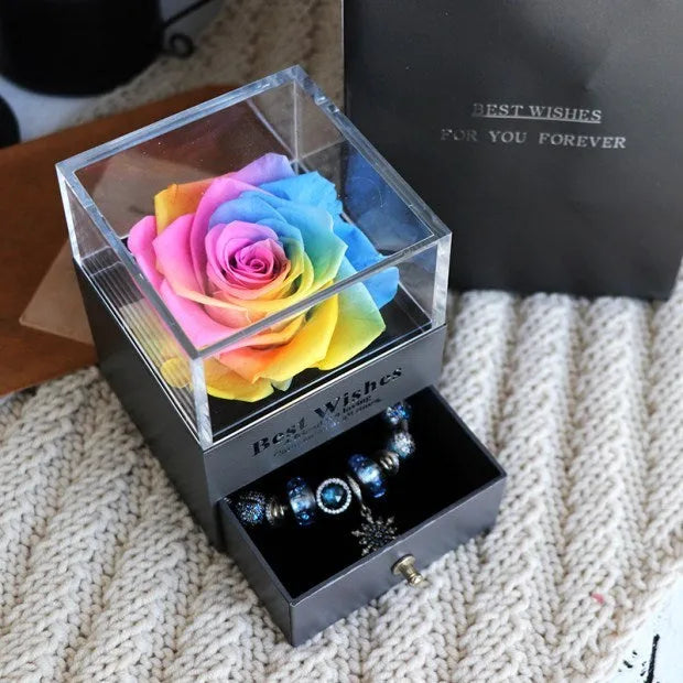 Blue Eternal Flower gift box with preserved roses and carnations, measuring 8.5x8.5x10.5 cm