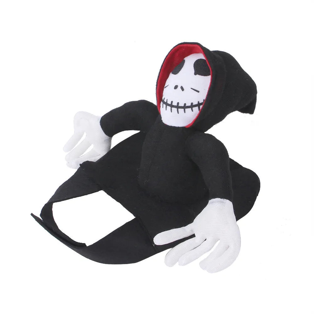 Goblin riding pet Halloween costume made from felt cloth with velcro straps in green colour on a cat or small dog.