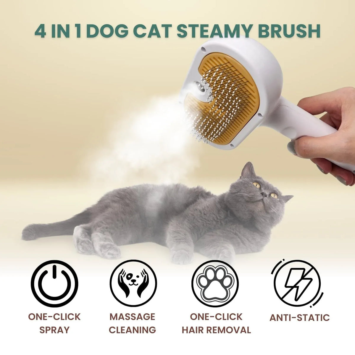 White water mist brush for dogs and cats with steel teeth, built-in water tank, and self-cleaning press for grooming.