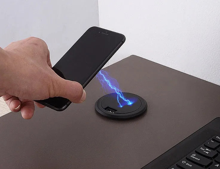 Black 60mm round wireless phone charger for embedded desk and table installation