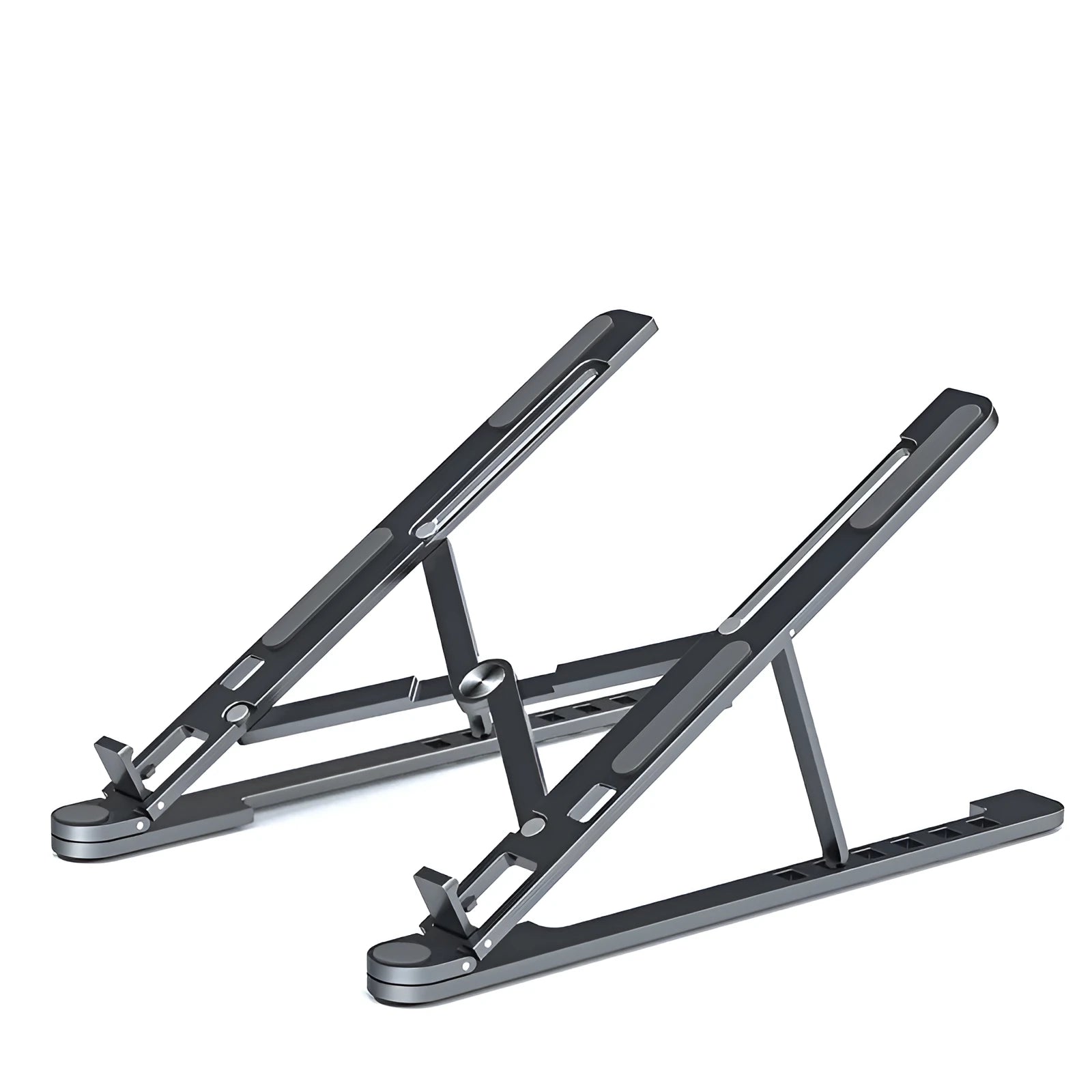 A folded deep grey aluminium laptop stand next to an open silver laptop on a desk.
