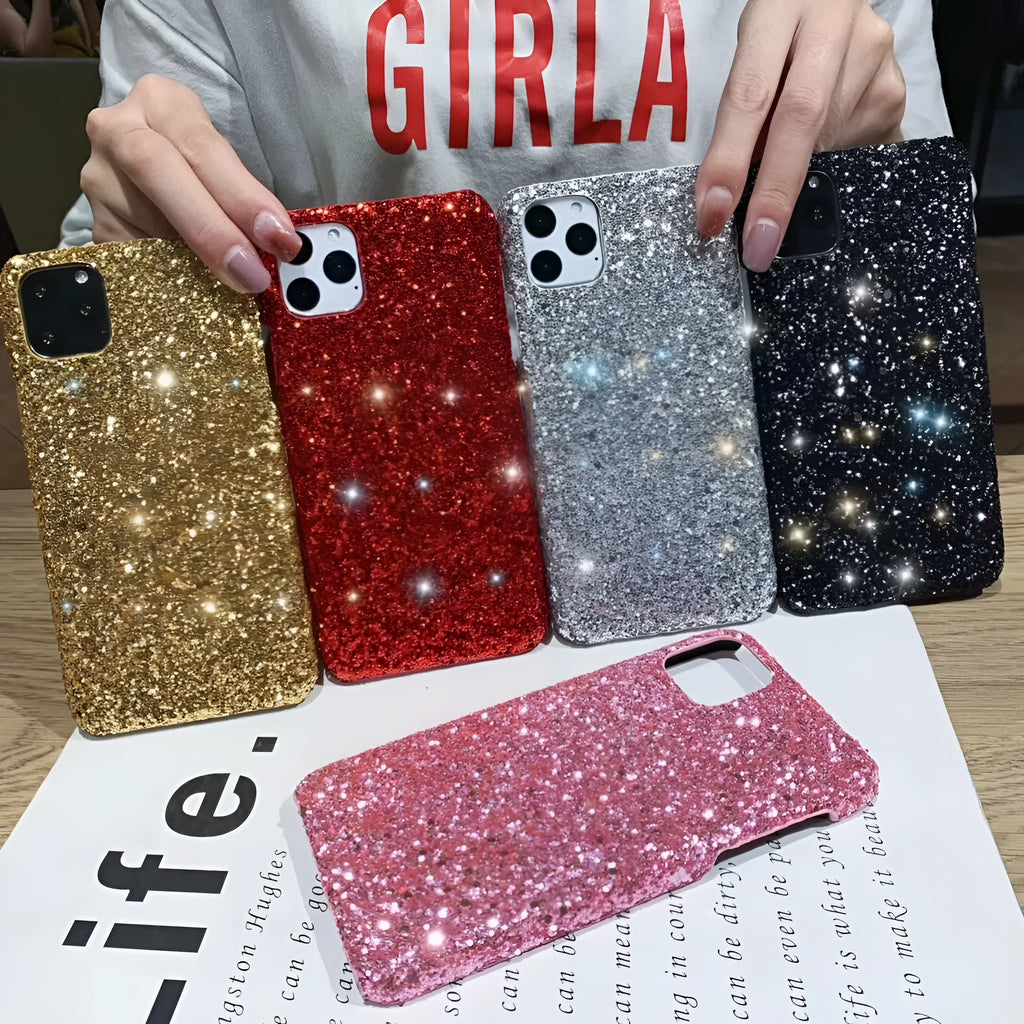 Glitter sequin PC phone case for iPhone models with raised camera frame in black colour option